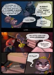 anthro ass bed bedroom big_breasts bite biting_lip biting_own_lip bovid bovine bow_tie breasts buckteeth buffalo canid canine clothed clothing comic dialogue digital_media_(artwork) disney dress english_text eye_patch eyewear female fox fur furniture grey_body hi_res judy_hopps lagomorph leporid male mammal naughty_face naughty_smile nick_wilde one_eye_obstructed open_mouth penis_pump rabbit red_fox self_bite smile speech_bubble standing suit tail teeth text torn_clothing torn_dress true_fox wabutt zootopia
