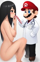 1boy 1boy1girl 1girls ai ai_generated black_eyebrows black_eyes black_hair black_mustache blue_eyes breasts brown_hair candy candy_cane candy_girl coat completely_naked completely_naked_female completely_nude completely_nude_female crossover doctor doctor_on_patient dr._mario dr._mario_(series) female gloves hat long_hair male mario mario_(series) mario_hat moustache naked naked_female nintendo nipples nude nude_female nude_female_clothed_male original original_character quinzo11 red_hat self_upload simple_background stethoscope stethoscope_around_neck syra_syrup_(quinzo) white_background white_gloves
