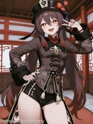 :d ai_generated arm_up artist_name bead_bracelet beads black_hat black_nails black_shorts blush bracelet breasts brown_hair brown_shirt chinese_clothes coat coattails collared_coat collared_shirt contrapposto cowboy_shot fanbox_username female flower flower-shaped_pupils genshin_impact gradient_hair hair_between_eyes hand_on_own_hip hand_up hat hat_flower hu_tao_(genshin_impact) indoors jacket jewelry lattice long_hair long_sleeves looking_at_viewer mionety multicolored_hair multiple_rings nail_polish open_mouth orange_eyes plum_blossoms porkpie_hat red_eyes red_hair red_shirt ring shirt short_shorts shorts sidelocks small_breasts smile solo standing star_(symbol) symbol-shaped_pupils tailcoat tassel teeth thighs tongue twintails twitter_username upper_teeth_only v v_over_eye very_long_hair w