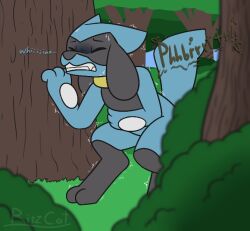 ambiguous_gender ambiguous_pooping anthro artist_name black_body black_fur blue_body blue_fur bodily_fluids clenched_teeth closed_eyes crouching desperation ears_down ellipsis emanata feces forest fur generation_4_pokemon grass hand_on_tree holding_belly implied_pooping nintendo pivoted_ears plant pokemon pokemon_(species) raised_tail riolu ritzcat scat scatplay shrub solo sound_effects sweat tail teeth text tree whining yellow_body