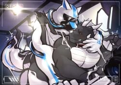 2024 black_body bound canid canine canis claws collar dorsal_fin dorsal_frill dragon drone dronification ear_fins encasement fin forced forced_transformation frill_(anatomy) gas_mask goo_transformation grey_body hi_res horn lokabrenna male mammal mask melting multicolored_body mythological_creature mythological_scalie mythology negadrake red_eyes restrained scalie spines transformation visor_helmet wings wolf