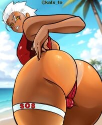 1boy adjusting_clothes angry ass_focus beach bodysuit bulge bulge_through_clothing dark-skinned_male femboy from_behind kalxto large_ass lifeguard_swimsuit looking_back sky solo_focus sweat sweatdrop tan_body wander_(water_enjoyer)