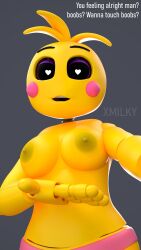 3d 3d_(artwork) big_breasts breasts english_text five_nights_at_freddy's five_nights_at_freddy's_2 high_resolution highres nipples panties pink_panties robot robot_girl robot_humanoid text toy_chica_(fnaf) x3milky yellow_nipples yellow_skin