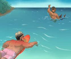 2boys aggrobadger duo duo_focus human humanoid male male_focus male_only merfolk merman muscular muscular_male ocean page_1 surfboard water