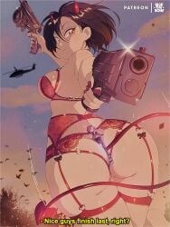 1980s_(style) 1990s_(style) ada_wong aiming_at_viewer artist_name ass black_hair bluethebone bra breasts brown_eyes brown_hair cg demon_girl demon_horns demon_tail dual_wielding english_text female finger_on_trigger foreshortening from_behind garter_belt gun handgun holding holding_gun holding_weapon horns lingerie looking_at_viewer looking_back medium_breasts nail_polish nipples outdoors panties patreon_username red_bra red_nails resident_evil retro_artstyle revolver short_hair signature sky smile solo subtitled tail thighhighs underwear weapon