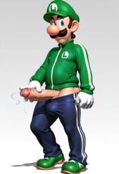 1boy ai_generated big_penis blue_eyes blue_pants brown_hair clothing cum cumshot ejaculation erection facial_hair full_body genitals gloves green_hat green_shirt green_shoes hand_on_penis hat huge_cock large_penis light-skinned_male light_skin luigi male male_only mario_(series) masturbation mature mature_male nintendo pants penis penis_out shirt shoes simple_background solo solo_focus solo_male thick_penis white_gloves