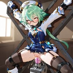 ahe_gao ahegao_face ai_generated bondage forced forced_orgasm garter_straps genshin_impact green_hair penetration pussy_juice ripped_clothing rolling_eyes sex_machine sex_slave stockings sucrose_(genshin_impact) thighhighs white_gloves x-cross_(bdsm)