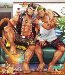 2boys 3boys 4_ears abs alcander_(wakatanka4) animal_ears animal_tail arm_hair badge bandage bandaged_arm bandaged_hand bara bare_breasts barefoot beard beard_stubble beefy biceps big_feet big_hands black_eyes black_hair blonde_hair blue_eyes blurry_background bracelet breasts burning carpet ceiling ceiling_light cellphone chest_hair clock collarbone couch cushion daddy dilf duo earrings feet fingernails fire flame folded_leg full_body furry_tail gay goatee gyee hand_on_leg happy_trail hi_res holding_object holding_phone hugging hugging_from_behind hunk indoors laugh leg_hair living_room long_tail looking_at_phone male male/male male_only manly mature_male muscles muscular muscular_arms muscular_legs muscular_male muscular_thighs navel necklace no_visible_genitalia one_eye_closed open_clothes pecs pendant pet pierced_eyebrow piercing plant romg scar scar_across_eye scar_on_face shaved_side short_hair shorts sideburns sitting sitting_on_couch six_pack sleeping small_pupils smartphone spiky_hair spread_legs suamaru suamaru0808 sweat sweatdrop tail tank_top tattoo tattoo_on_face tattoo_on_hand text thick_eyebrows thick_neck tiger tiny_person toenails toes tough_guy triceps vest yaoi zipper zzz