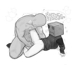 1female 1male ? ?! arm_support attempted_sex being_watched blush caught cuptoast female female flushed heavy_breathing large_penis legs_spread monochrome muscular muscular_male pantsless penis_insertion petite petite_body public public_sex pussy sex sweatdrop text text_bubble tremble_lines trembling