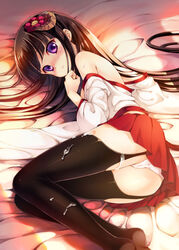 ass bare_shoulders bed black_hair black_legwear blush brown_hair cover cum cum_on_body cum_on_clothes cum_on_lower_body demon_girl flower garters hair_flower hair_ornament inu_x_boku_ss japanese_clothes long_hair looking_at_viewer lying miiru miko on_side panties purple_eyes shirakiin_ririchiyo skirt solo sweat thighhighs underwear upskirt very_long_hair