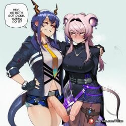 2girls ai_generated animal_ears arknights arm_around_shoulder belt black_gloves blue_hair blush breasts ch'en_(arknights) closed_mouth cowboy_shot dragon_girl dragon_horns dragon_tail dress english_text erection female fingerless_gloves futa_with_female futanari gloves grin hair_between_eyes hairband hand_on_another's_shoulder hand_on_own_hip horns huge_cock intersex jacket jewelry large_breasts lin_yuhsia_(arknights) long_hair long_sleeves looking_at_another mouse_ears mouse_girl mouse_tail multiple_girls navel necktie nose_blush open_clothes pantyhose patreon_username penis pink_eyes pink_hair purple_hair red_eyes shirt short_shorts shorts smile speech_bubble sweat tail testicles tillian uncensored veiny_penis white_shirt yellow_necktie