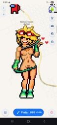 blonde_female blonde_hair bra_lift breasts female goggles goggles_on_head green_panties green_shorts large_breasts looking_to_the_side navel nipples nude pantie_shot panties panties_down pixel_art plants_vs_zombies pussy removed_clothing shirt_lift shorts smile solar_flare_(peargor) solar_flare_(pvz) sprite sprite_art t-shirt unclothing wplace