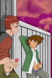 color cum digimon handjob human koushiro_izumi male male_only masturbation multiple_males outdoors penis taichi_yagami testicles yaoi