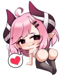 animeattics bending_over chibi heart-shaped_pupils horns kneeling pink_hair pointy_ears stockings