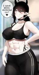 abs animeattics black_eyes black_nails gym hand_on_hip horn large_breasts muscular muscular_female nipple_bulge no_bra pointy_ears short_hair speech_bubble tattoo