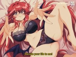 1990s_(style) ahoge artist_name barefoot black_bra black_panties blue_eyes bluethebone blush bow_panties bra breasts cameltoe cg cleavage closed_mouth demon_wings english_text female hair_between_eyes high_school_dxd lace_trim large_breasts long_hair looking_at_viewer lying navel on_back panties patreon_username reaching reaching_towards_viewer red_hair retro_artstyle rias_gremory smile solo spread_legs subtitled underwear underwear_only very_long_hair wings