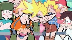 1girls 5boys animated assertive_female blonde_hair blue_eyes brief_(psg) female_focus hair_over_eyes holding holding_panties holding_underwear holding_unworn_clothes multiple_boys orange_hair panties panty_&_stocking_with_garterbelt panty_(psg) panty_pull pink_panties public_indecency sound tagme teasing underwear undressing video