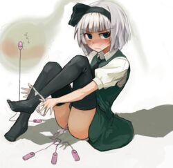 1girls black_legwear blue_eyes blush egg_vibrator ex hair_ribbon hairband highres hitodama masturbation necktie panties puffy_sleeves ribbon short_hair short_sleeves silver_hair solo thighhighs touhou underwear undressing vibrator white_panties youmu_konpaku youmu_konpaku_(ghost)