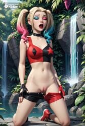 1girls ai_generated artist_name bare_shoulders black_choker black_gloves blonde_hair blue_eyes blue_eyeshadow blue_hair breasts choker closed_eyes clothes_pull crop_top dc dc_comics eyeshadow female fingerless_gloves full_body gloves gradient_hair harley_quinn harley_quinn_(series) hi_res kneeling lipstick long_hair makeup medium_breasts multicolored_hair nail_polish navel open_mouth outdoors pink_hair pussy r34arts red_lips red_nails shoes shorts shorts_pull solo stomach tank_top twintails two-tone_hair uncensored water waterfall