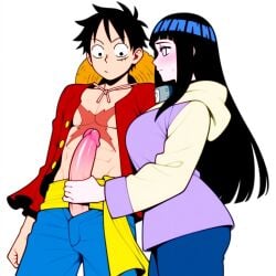 1boy 1girl ai_generated black_eyes black_hair blue_pants blush breasts crossover erection female forehead_protector handjob hat hetero hood hood_down hoodie hyuuga_hinata large_breasts large_penis long_hair looking_at_penis male monkey_d_luffy naruto naruto_(series) one_piece open_clothes pants pectorals penis penis_awe penis_grab purple_eyes scar scar_on_chest scar_on_face straw_hat trewg001