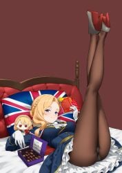 1girl absurdres ascot azur_lane blonde_hair blue_dress blue_eyes book box box_of_chocolates breasts cadbury cadbury_milk_tray character_doll chocolate closed_mouth doll dress female food frilled_dress frills full_body fumo_(doll) gloves grey_shoes high_heels highres holding holding_book holding_chocolate holding_food hood_(azur_lane) jewelry kneepits leg_focus legs legs_up looking_at_viewer lying medium_breasts no_headwear on_back on_bed pantyhose parallelrey pillow prince_of_wales_(azur_lane) ring shoes smile solo union_jack_print wedding_ring white_ascot white_gloves