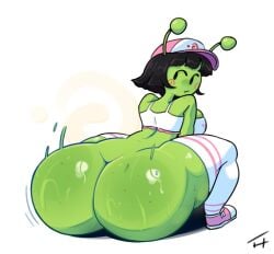 1alien 1female aka_h alien alien_girl alien_humanoid ass ass_focus black_hair female green_skin long_socks pink_hat pink_shoes sweat sweating sweaty_ass throwing_it_back twerking