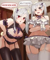 2girls angry big_breasts black_lingerie chocojax choice dark_eyes dual_persona english_text female female_only fighting_over_viewer fire_emblem fire_emblem_awakening grima_(fire_emblem) leaning_forward lingerie long_hair looking_at_viewer multiple_persona nintendo red_eyes rivals robin_(fire_emblem) robin_(fire_emblem)_(female) take_your_pick text twintails white_hair white_lingerie