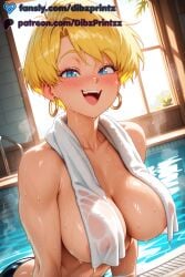1girls :d ai ai_assisted ai_generated anime areola_slip artist_name blonde_hair blue_eyes blush breasts collarbone covered_nipples dark-skinned_female dibzprintz dragon_ball earrings english_text erasa fansly female hi_res high_quality high_resolution highres hoop_earrings indoors jewelry large_breasts looking_at_viewer open_mouth patreon_logo patreon_username pool short_hair smile solo teeth topless towel towel_around_neck twitter_logo twitter_username upper_teeth_only water watermark wet window