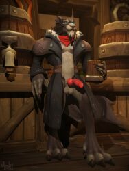 balls balls_out blue_eyes canine_penis drink_in_hand indoors kegs knot male mementomeowi open_coat partially_clothed paws penis scarf solo_male tankard tavern trench_coat worgen worgen_male worgen_with_tail world_of_warcraft zaine_alistaire