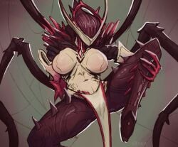 6_legs 8_limbs alien anthro arachnid armor arthropod big_breasts bottomwear breasts camel_toe cloth clothing digital_extremes exoskeleton faceless featureless_breasts featureless_crotch feet female genital_outline hand_on_leg headgear helmet humanoid loincloth machine oraxia_(warframe) oxtra pussy red_body robot robot_humanoid solo spider spider_web spikes spikes_(anatomy) spread_legs spreading tencent thick_thighs vulva_outline warframe white_body