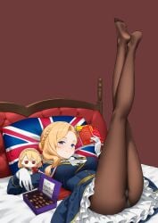 1girl absurdres ascot azur_lane blonde_hair blue_dress blue_eyes book box box_of_chocolates breasts cadbury cadbury_milk_tray character_doll chocolate closed_mouth doll dress feet female food frilled_dress frills full_body fumo_(doll) gloves highres holding holding_book holding_chocolate holding_food hood_(azur_lane) jewelry kneepits leg_focus legs legs_up looking_at_viewer lying medium_breasts no_headwear no_shoes on_back on_bed pantyhose parallelrey pillow prince_of_wales_(azur_lane) product_placement reading ring smile soles solo toes union_jack_print wedding_ring white_ascot white_gloves