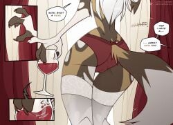 african_wild_dog alcohol anthro beverage brown_body canid canine canis chat_bubble clothing container cup detailed_background dialogue dipstick_tail domestic_dog female glass glass_container glass_cup hi_res invalid_tag legwear lingerie luckyonn mammal markings panties reaching red_clothing red_panties red_underwear sola_(luckyonn) solo spots spotted_body tail tail_markings thigh_highs underwear white_clothing white_legwear white_thigh_highs window_curtains window_light wine