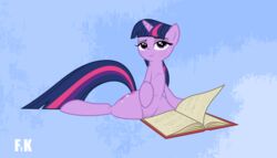 bedroom_eyes book cutie_mark equine female feral fluttershythekind friendship_is_magic hair hi_res high_resolution horn looking_at_viewer my_little_pony purple_body purple_eyes purple_hair pussy spread_legs spreading twilight_sparkle_(mlp) unicorn