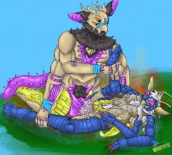 2_penises anal anal_sex android antennae_(anatomy) armpit_hair arthropod balls belly_humping belly_tuft big_penis black_body black_fur blue_body bodily_fluids body_hair chest_hair closed_eyes cum cum_in_ass cum_inside cum_on_chest cum_on_face cum_on_penis digital_drawing_(artwork) digital_media_(artwork) duo ejaculation facial_hair fur genital_fluids genitals goatee grass green_body green_sclera hair hand_on_leg hi_res horn humanoid insect_wings insects interspecies kneeling looking_at_another looking_pleasured lying machine male male/male mandibles multi_arm multi_eye multi_genitalia multi_limb multi_penis multicolored_body nipples on_back on_ground orange_eyes penetration penis pink_eyes plant pubes purple_body purple_penis raised_leg ribbed_penis robot size_difference slit_penis smelly sweat tail tan_body tapering_penis tongue tongue_out tuft unusual_anatomy unusual_tail white_hair wings wispypie