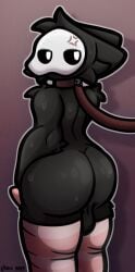 annoyed anthro ass big_butt big_penis black_body bodily_fluids canid changed_(video_game) clothing collar genitals hi_res latex_creature leash legwear looking_back male mammal penis puro_(changed) simple_background solo stockings sweat sweatdrop velixx