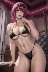 abs artist_name bare_shoulders bikini black_bikini breasts cg cleavage collarbone earrings eyewear_on_head female finger_to_mouth honkai:_star_rail indoors jewelry kafka_(honkai:_star_rail) large_breasts lips long_hair looking_at_viewer navel parted_lips patreon_username purple_eyes purple_hair sciamano240 solo stomach sunglasses swimsuit thighs