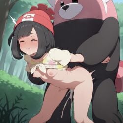 1boy 1girls ai_generated arm_grab arms_held_back bent_over bewear black_hair bottomless breasts breasts_out closed_eyes clothed_sex cum cum_inside ejaculation functionally_nude hat motorcycle_position outdoors parkinson_(ai_artist) partially_clothed pokemon pokemon_sm pokephilia pussy rape selene_(pokemon) sex sex_from_behind shirt_lift shirt_up standing_sex tears