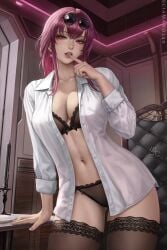 artist_name black_bra black_panties black_thighhighs bra breasts cg cleavage collarbone collared_shirt cowboy_shot earrings eyewear_on_head female finger_to_mouth honkai:_star_rail indoors jewelry kafka_(honkai:_star_rail) lace_trim large_breasts lingerie lips long_hair long_sleeves looking_at_viewer navel open_clothes open_shirt panties parted_lips patreon_username purple_eyes purple_hair round_eyewear sciamano240 shirt solo stomach sunglasses thighhighs thighs underwear white_shirt