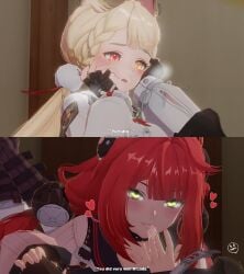 2girls 3d after_fingering alice_thymefield black_gloves black_pantyhose blonde_hair braid breath commentary fingerless_gloves gloves green_eyes hand_on_another's_leg heart heterochromia highres multiple_girls pantyhose parted_lips pussy_juice pussy_juice_on_fingers pussy_juice_trail red_eyes red_hair shinshogun side_braid smile twin_braids ukinami_yuzuha yellow_eyes yuri zenless_zone_zero