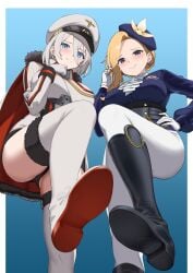 2girls absurdres arm_under_breasts azur_lane black_boots black_panties blonde_hair blue_background blue_eyes blue_hat blush boots border breasts cape commission dress earrings english_commentary femdom from_below fur-trimmed_boots fur-trimmed_cape fur_trim gloves gradient_background hair_between_eyes hand_on_own_chin hand_on_own_hip hat highres hood_(azur_lane) hood_(gentlewoman_and_stallion)_(azur_lane) jacket jewelry large_breasts long_hair long_sleeves looking_at_viewer military_hat military_uniform multiple_girls official_alternate_costume panties pants parallelrey peaked_cap riding_boots riding_outfit ring shoe_soles short_hair smile standing tanaka_atsuko thigh_boots tirpitz_(azur_lane) underwear voice_actor_connection wedding_ring white_boots white_border white_cape white_gloves white_hair white_hat white_pants