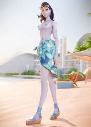 1girls 2025 3d 3d_(artwork) abs amelie_lacroix areolae athletic athletic_female beach beach_background beach_umbrella blender bottomwear breasts cote_d'azur_widowmaker dark_blue_hair earrings female female_focus female_only french french_female glasses half-dressed half_naked lewdrex medium_breasts nipples overwatch petite petite_body pose posing purple_body purple_skin sandals showing_off sunglasses sunglasses_on_head thick_thighs topless watermark widowmaker