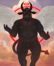 anthro areola balls belly bovid caprine caprine_demon demon digital_media_(artwork) feathered_wings feathers female flaccid flying foreskin fur genitals goat goat_demon hair hi_res horn humanoid_genitalia humanoid_hands humanoid_penis looking_at_viewer male mammal navel nipples nude outside overweight overweight_anthro overweight_female overweight_male partially_retracted_foreskin pecs penis rov sky smile solo tail wings