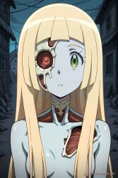 ai_generated blonde_hair bones eyes female lillie_(pokemon) lv99slime naked naked_female noose nude nude_female pokemon rope_around_neck rotting_flesh skull undead undead_female zombie zombie_girl