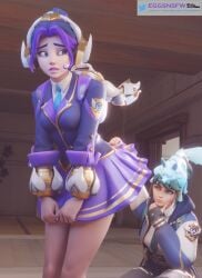 3d blizzard_entertainment eggsnsfw judging juno_(overwatch) kiriko_(overwatch) kiriko_kamori looking_at_genitalia overwatch purple_eyes purple_hair school_uniform skirt skirt_lift skirt_up teo_minh upskirt