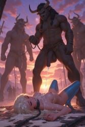 ai_generated big_penis cum cum_on_body cum_on_breasts cum_on_face elsa_(frozen) frozen_(film) frozen_2 gangbang minotaur