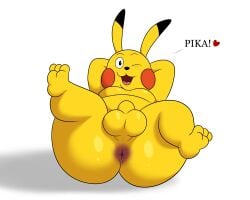 2025 anthro anus ass balls big_butt black_ears black_eyes black_nose colossalstars digital_media_(artwork) exclamation_point fur generation_1_pokemon genitals hands_behind_head hands_behind_own_head heart_symbol hi_res looking_at_viewer lying male moobs multicolored_ears nintendo on_back one_eye_closed penis pikachu pokemon pokemon_(species) presenting presenting_anus presenting_hindquarters rear_view simple_background smile solo text thick_thighs tongue two_tone_ears white_background yellow_body yellow_ears yellow_fur