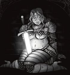 armor armored_female baileyillustration breasts brick_wall female full_body grayscale half-dressed half_naked long_hair shiny_sword spider_web sweat sweating sweaty sweaty_belly sweaty_body sweaty_breasts sweaty_face sword