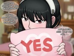 2d announcing_orgasm black_hair blush canon_couple cum_in_pussy dialogue doggy_style get_pregnant_(meme) hazel_eyes hyoreisan impregnation_request loid_forger netorare ntr pillow plap plap_(sound) plap_plap_plap_get_pregnant_(meme) pussy rolling_eyes spy_x_family yor_briar yor_forger