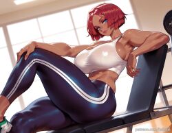ai_generated balecxi blue_eyes dark_skin exercise female giovanna_(guilty_gear) guilty_gear guilty_gear_strive gym large_breasts looking_at_viewer muscular muscular_female patreon_username red_hair short_hair sitting sneakers solo sports_bra thick_thighs tight_pants white_sports_bra yoga_pants