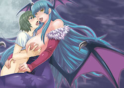 breast_grab breasts clothing cum darkstalkers demon_girl gloves green_hair handjob hug huge_breasts kissing kokuriu large_breasts leotard long_hair morrigan_aensland pantyhose penis saliva saliva_trail succubus very_long_hair wings yellow_eyes